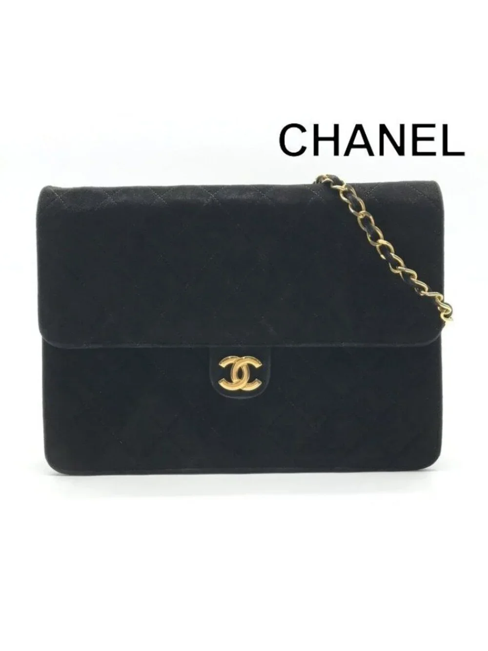 Chanel CC Logo Quilted Suede Chain Shoulder Bag Black Push Lock